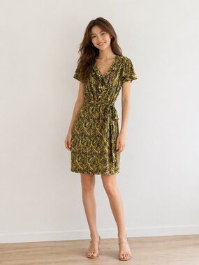 New L.L. BEAN TRUE WRAP DRESS 100% SILK SIZE 10 Summer Yellow Floral Modest
